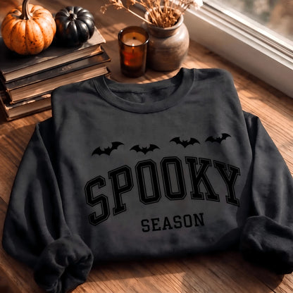 Printed Spooky Season Sweatshirt, Halloween Bat Crewneck