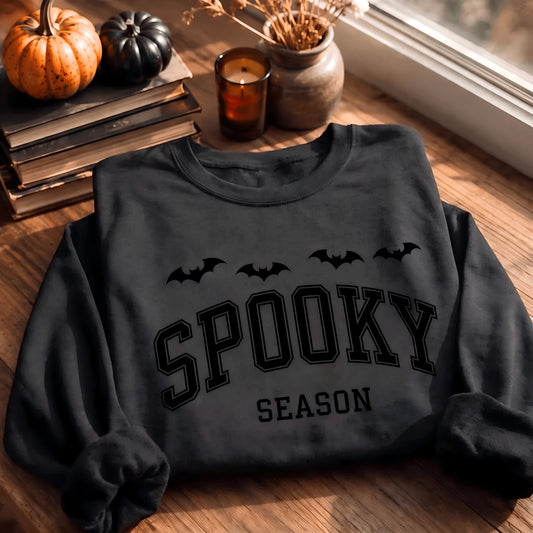 Printed Spooky Season Sweatshirt, Halloween Bat Crewneck