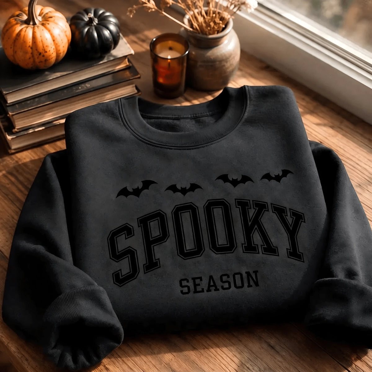 Printed Spooky Season Sweatshirt, Halloween Bat Crewneck