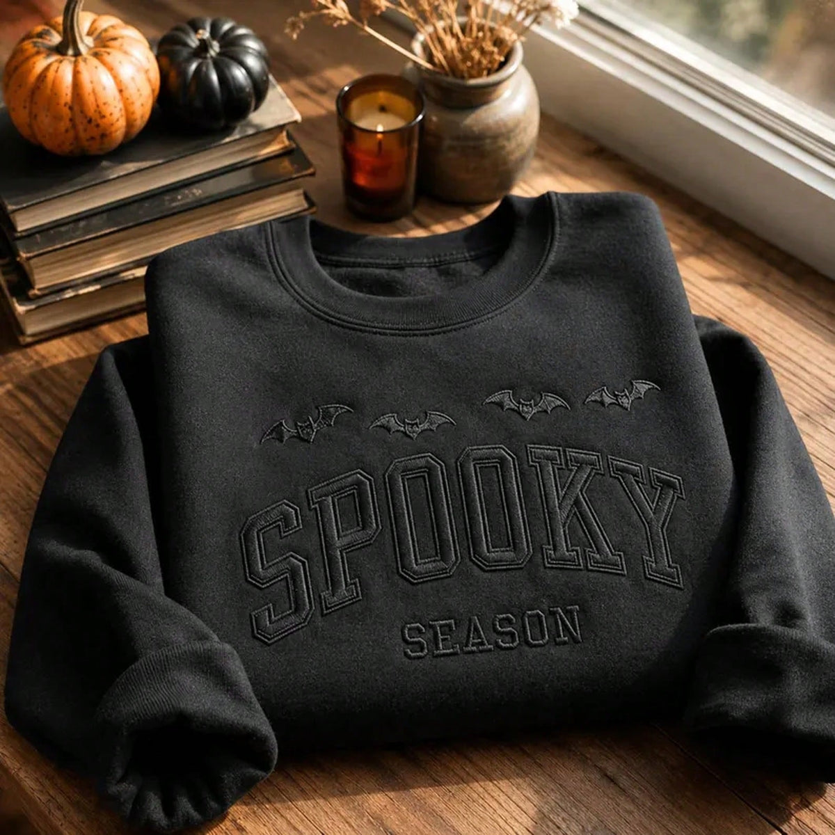 Printed Spooky Season Sweatshirt, Halloween Bat Crewneck