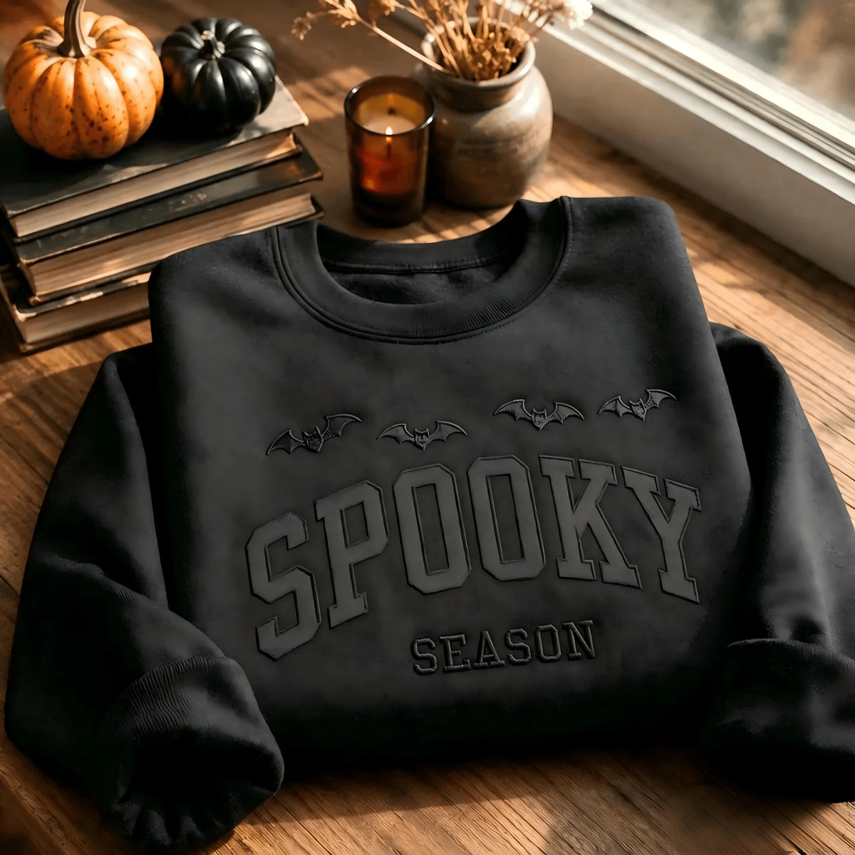 Printed Spooky Season Sweatshirt, Halloween Bat Crewneck