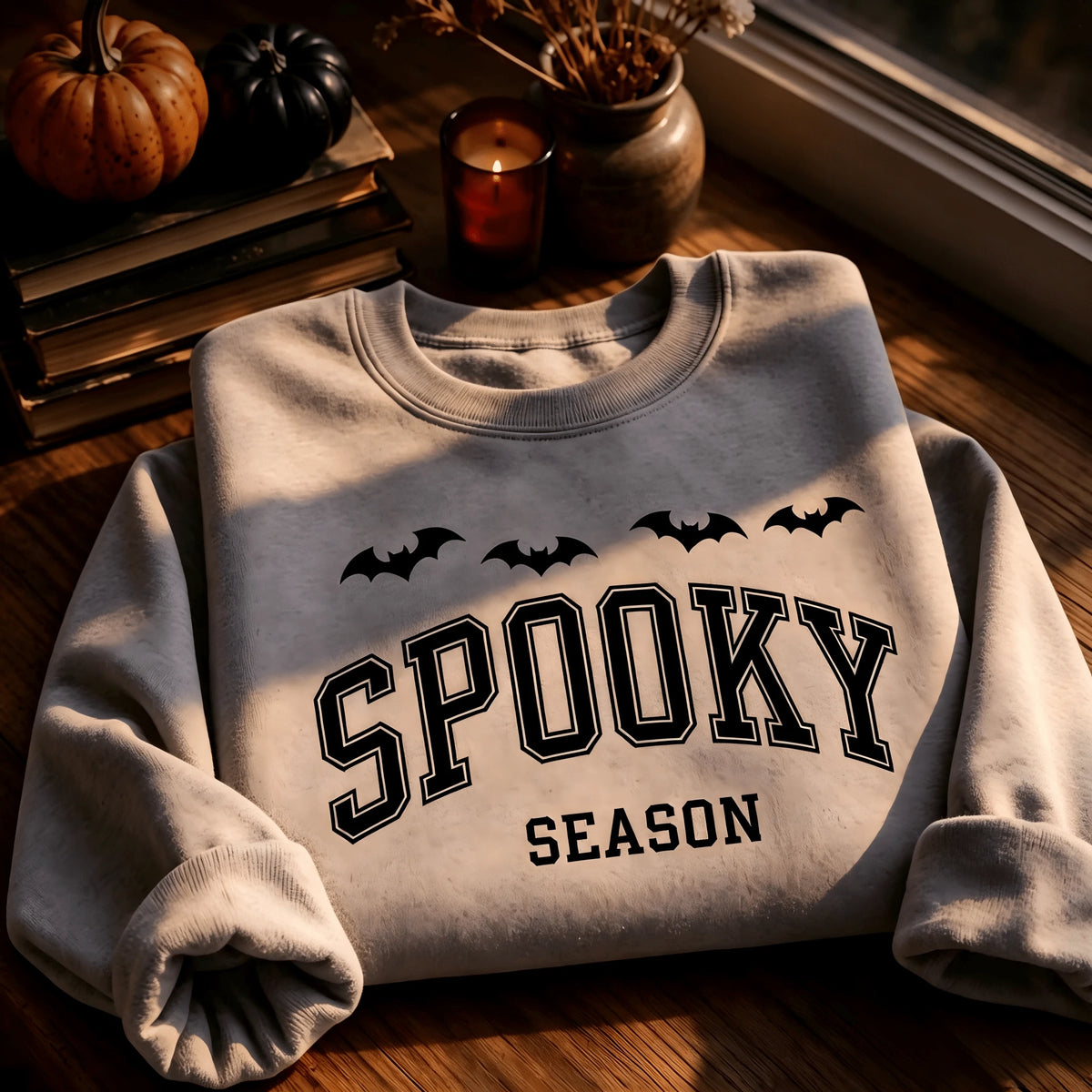 Printed Spooky Season Sweatshirt, Halloween Bat Crewneck