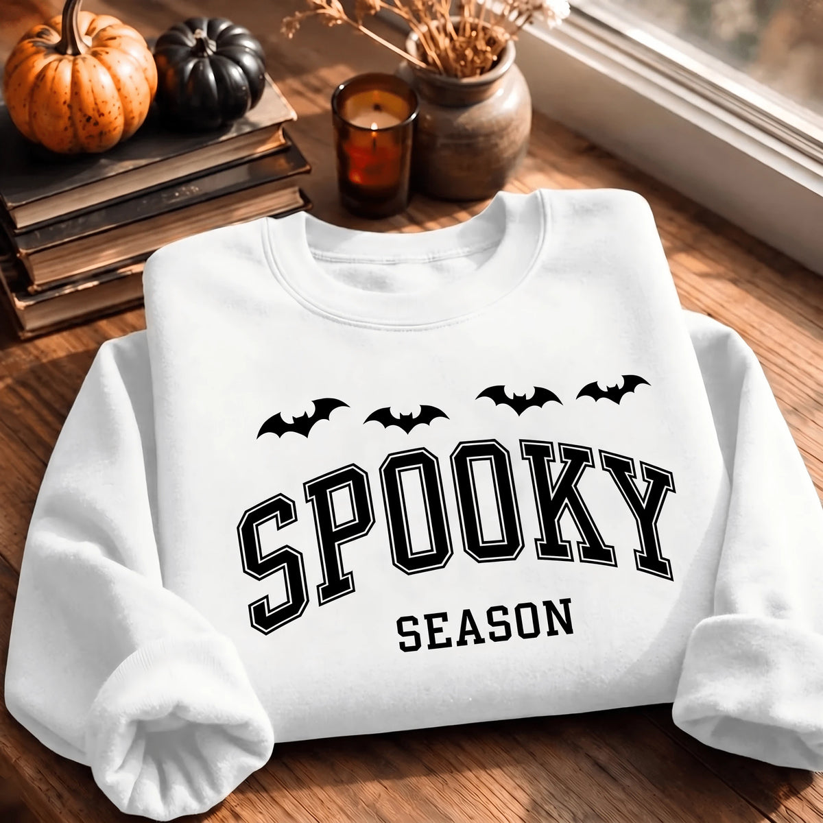 Printed Spooky Season Sweatshirt, Halloween Bat Crewneck