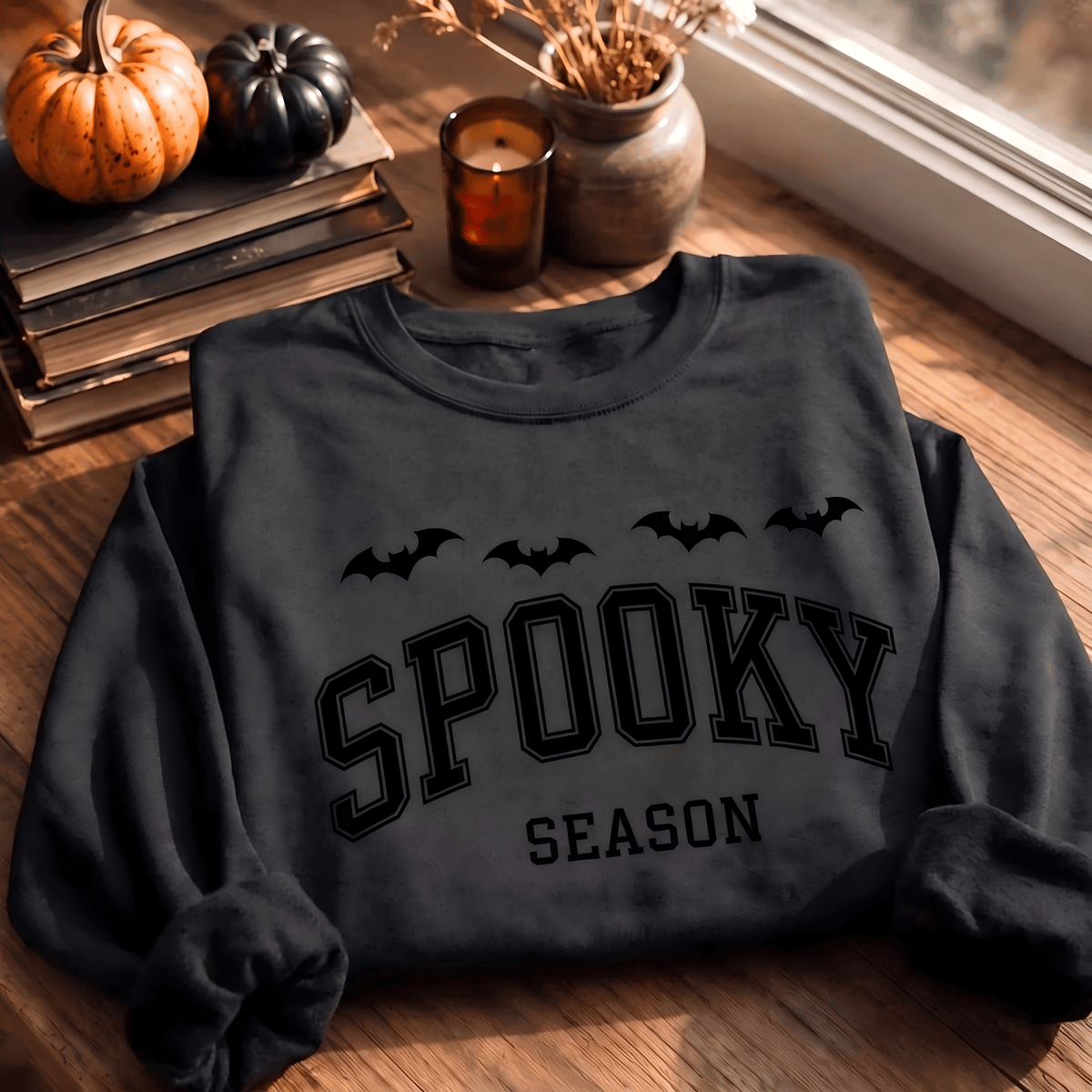 Printed Spooky Season Sweatshirt, Halloween Bat Crewneck