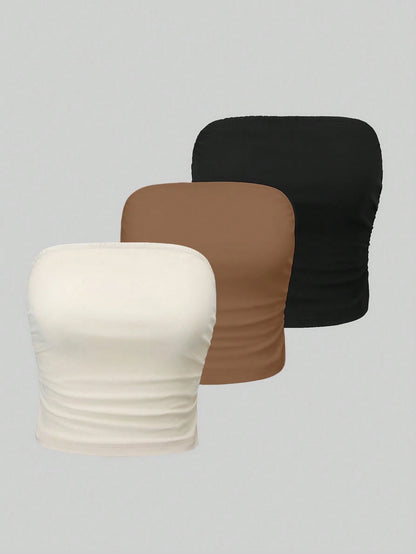 Qadelle 3pcs Ladies' Solid Color Pleated Tube Top
