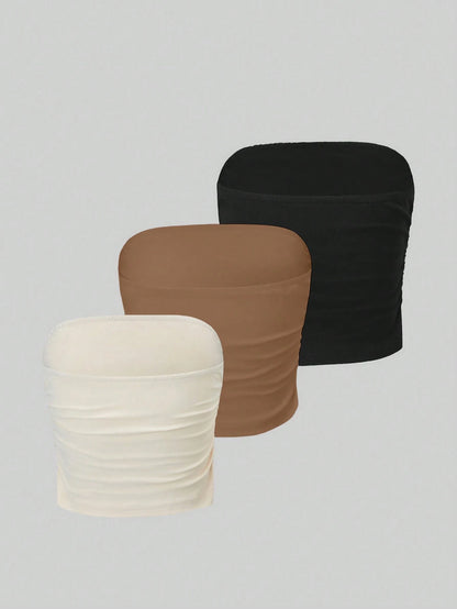 Qadelle 3pcs Ladies' Solid Color Pleated Tube Top