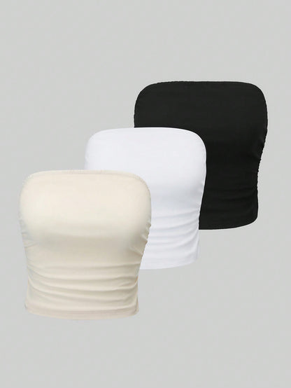 Qadelle 3pcs Ladies' Solid Color Pleated Tube Top