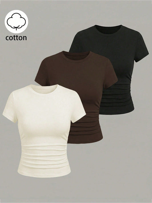 Qadelle Summer New Women's Short-Sleeve Round-Neck Waist-Tapered Slimming Off-White Brown Black T-Shirt Set Everyday Casual