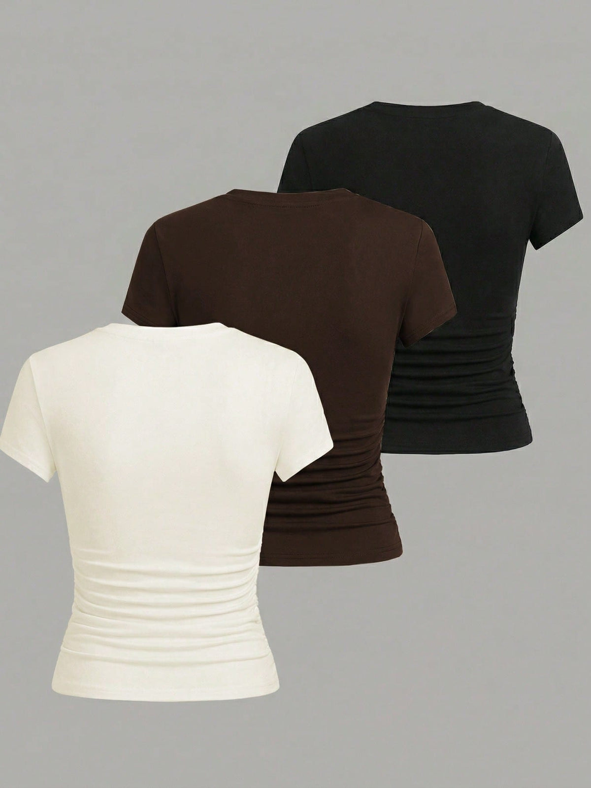 Qadelle Summer New Women's Short-Sleeve Round-Neck Waist-Tapered Slimming Off-White Brown Black T-Shirt Set Everyday Casual