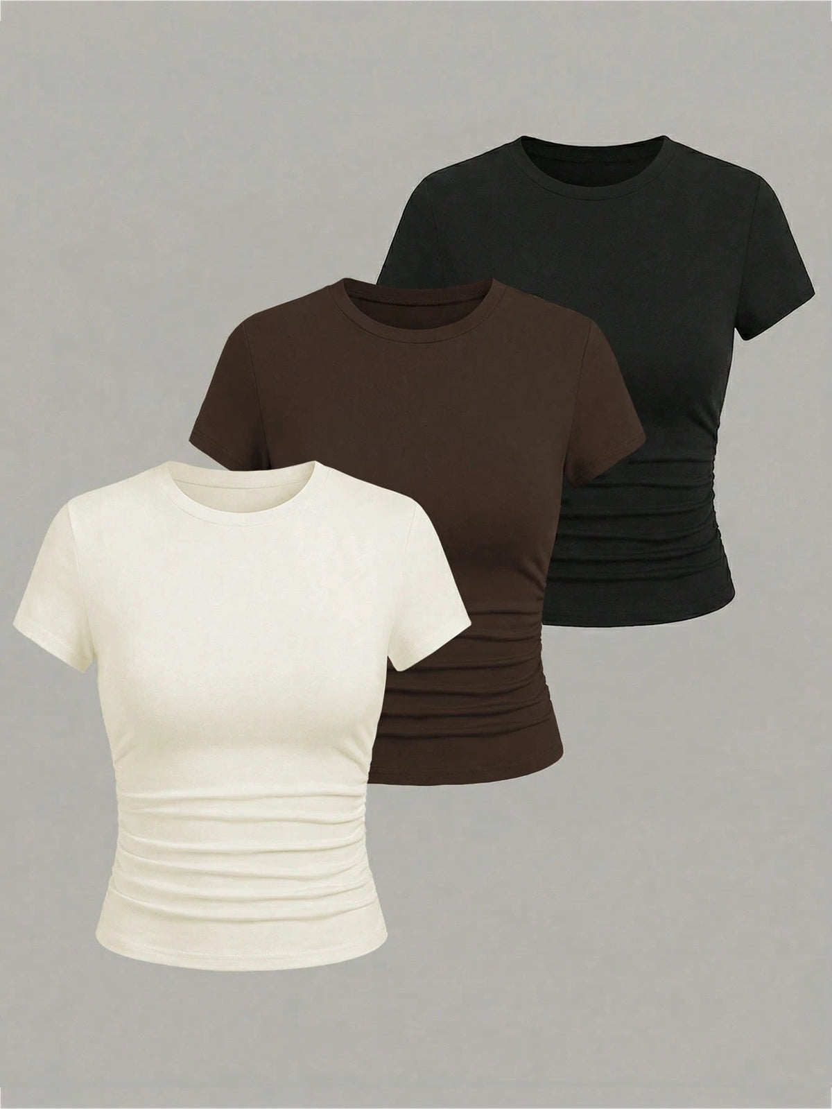 Qadelle Summer New Women's Short-Sleeve Round-Neck Waist-Tapered Slimming Off-White Brown Black T-Shirt Set Everyday Casual