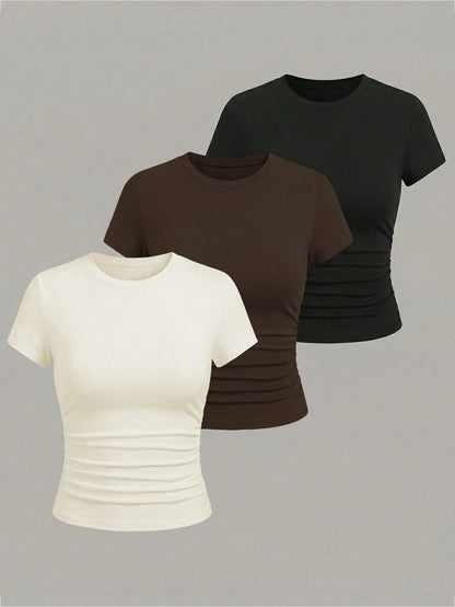 Qadelle Summer New Women's Short-Sleeve Round-Neck Waist-Tapered Slimming Off-White Brown Black T-Shirt Set Everyday Casual