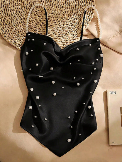 Qadelle Women's Elegant Elegant Date Night Black Satin Faux Pearl Decor Camisole Top, Summer