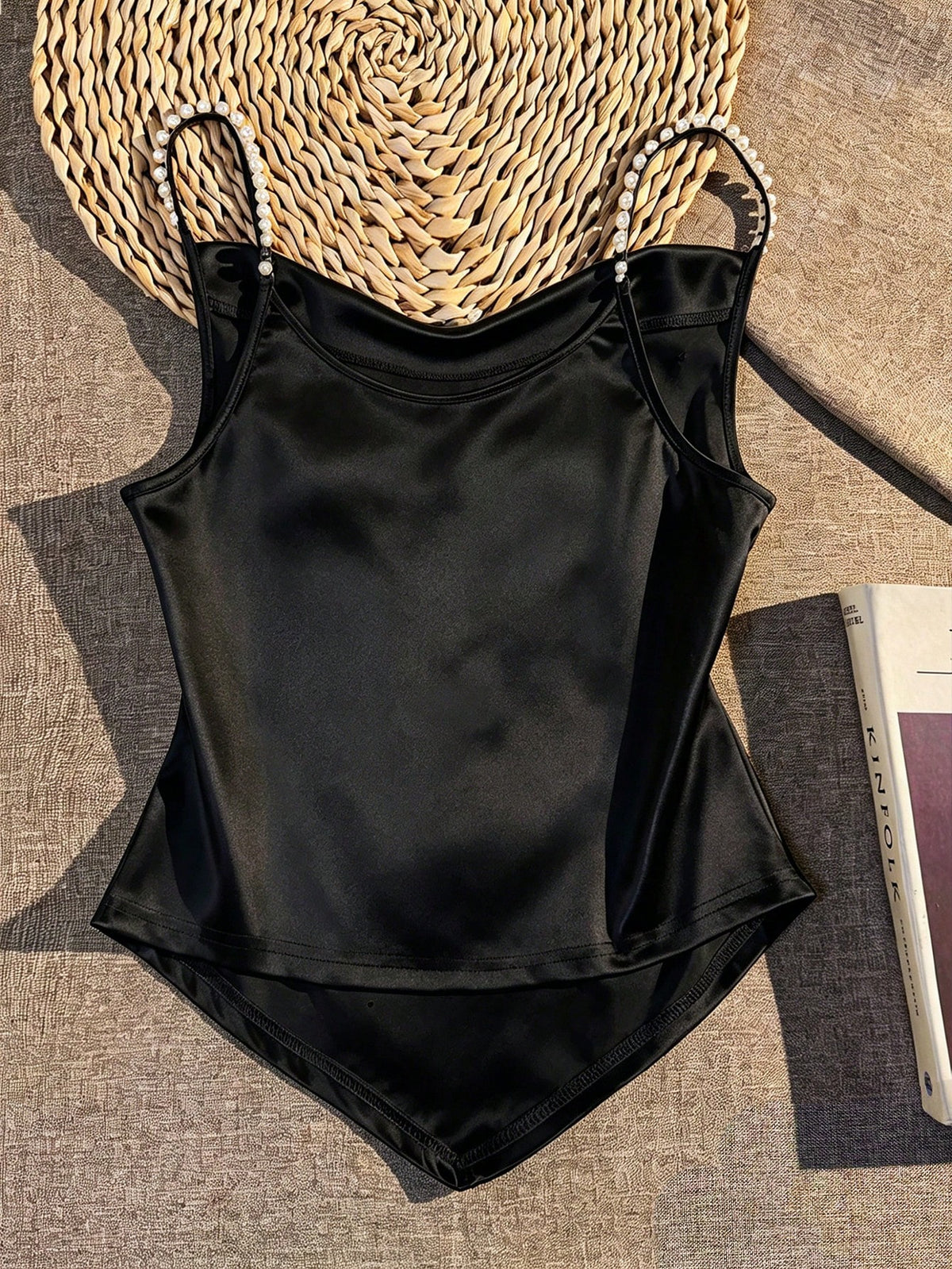 Qadelle Women's Elegant Elegant Date Night Black Satin Faux Pearl Decor Camisole Top, Summer