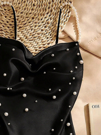 Qadelle Women's Elegant Elegant Date Night Black Satin Faux Pearl Decor Camisole Top, Summer