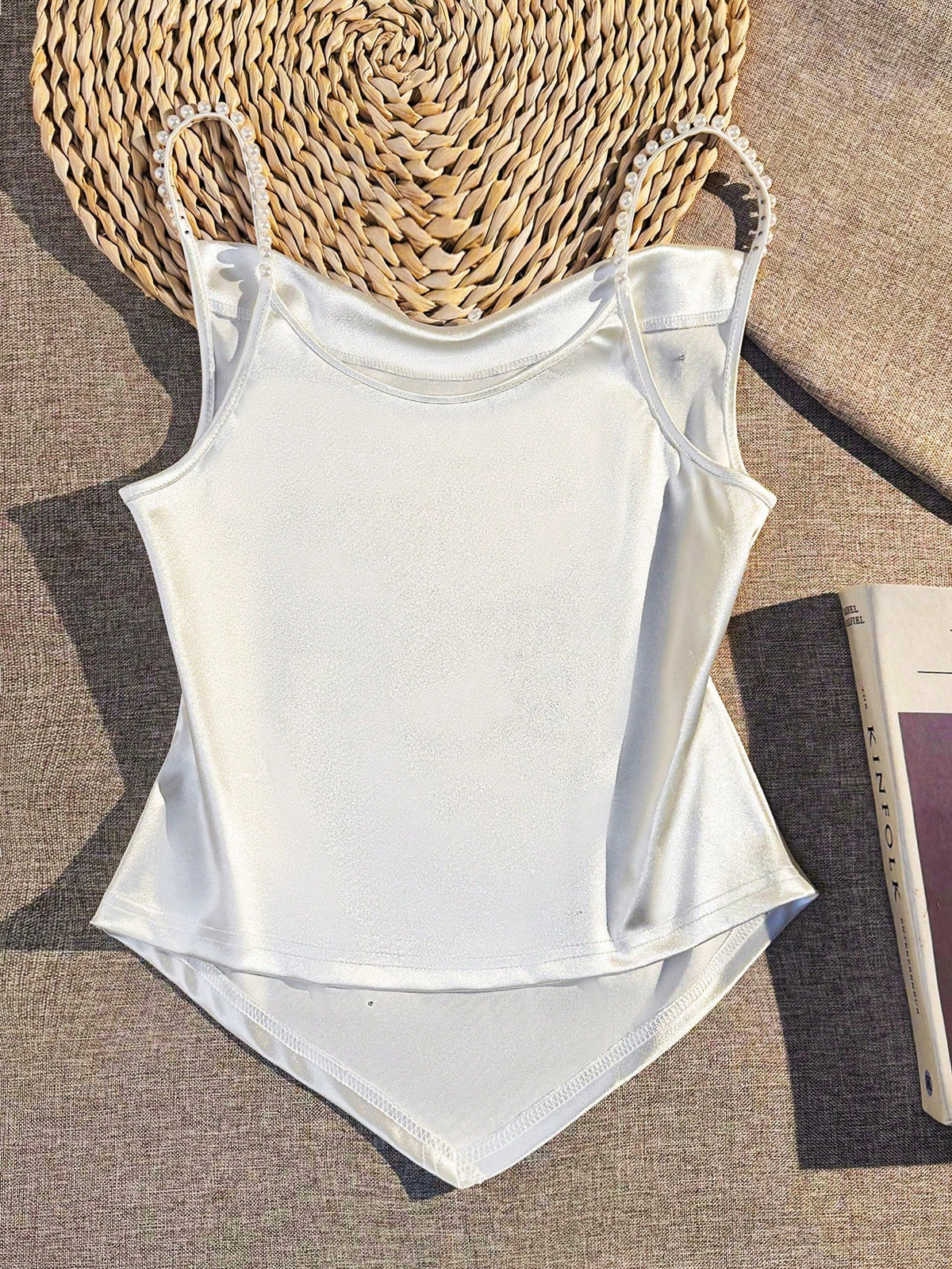 Qadelle Women's Elegant Elegant Simple Solid Color Satin Faux Pearl Decor Spaghetti Strap Tank Top, Summer