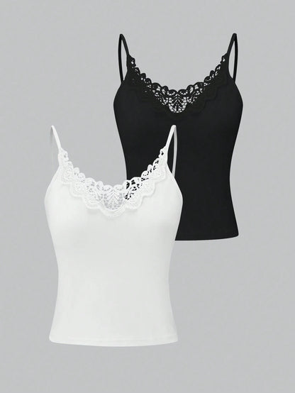 Qadelle Women's Spliced Lace Camisole Tank Top