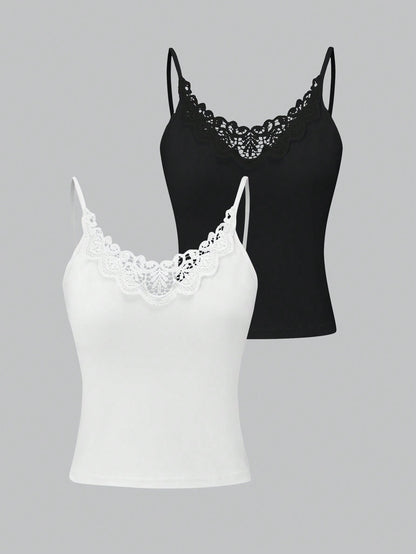 Qadelle Women's Spliced Lace Camisole Tank Top