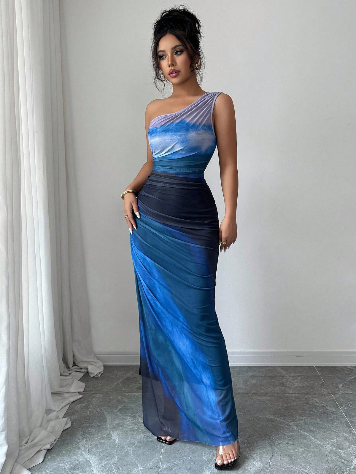 Rafferiza Graduated Color High Slit Asymmetric Collar Ruched Tulle Dress Maxi Women Outfit