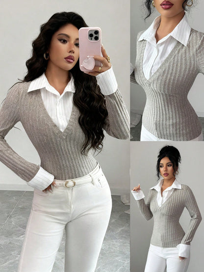 Rafferiza Women Elegant Classy Grey Striped Patchwork Collar T-Shirt,Slim-Fitting Retro Top For Fall Winter,Office,Back-To-School,Thanksgiving New Year's