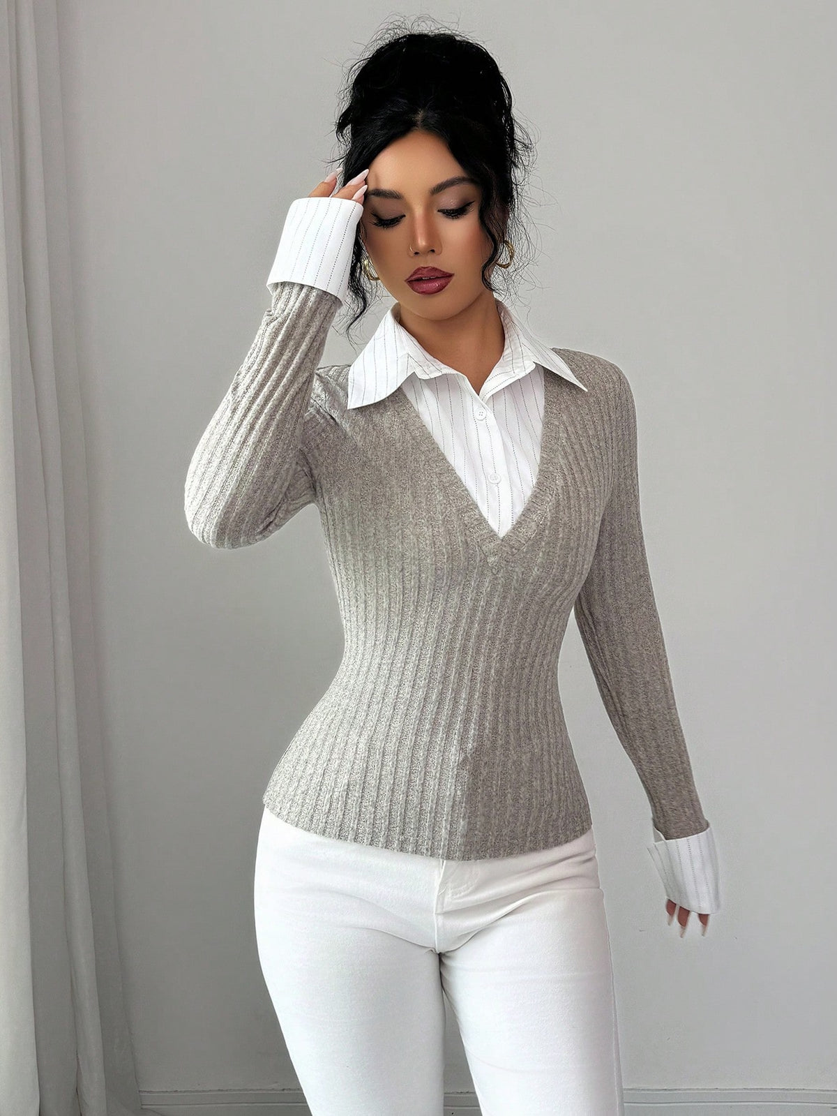 Rafferiza Women Elegant Classy Grey Striped Patchwork Collar T-Shirt,Slim-Fitting Retro Top For Fall Winter,Office,Back-To-School,Thanksgiving New Year's