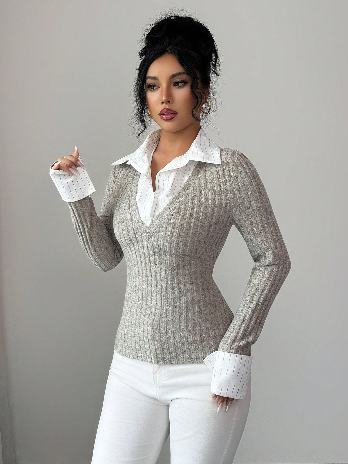 Rafferiza Women Elegant Classy Grey Striped Patchwork Collar T-Shirt,Slim-Fitting Retro Top For Fall Winter,Office,Back-To-School,Thanksgiving New Year's