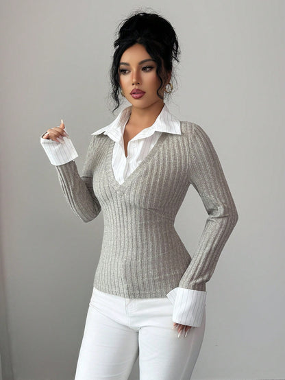Rafferiza Women Elegant Classy Grey Striped Patchwork Collar T-Shirt,Slim-Fitting Retro Top For Fall Winter,Office,Back-To-School,Thanksgiving New Year's