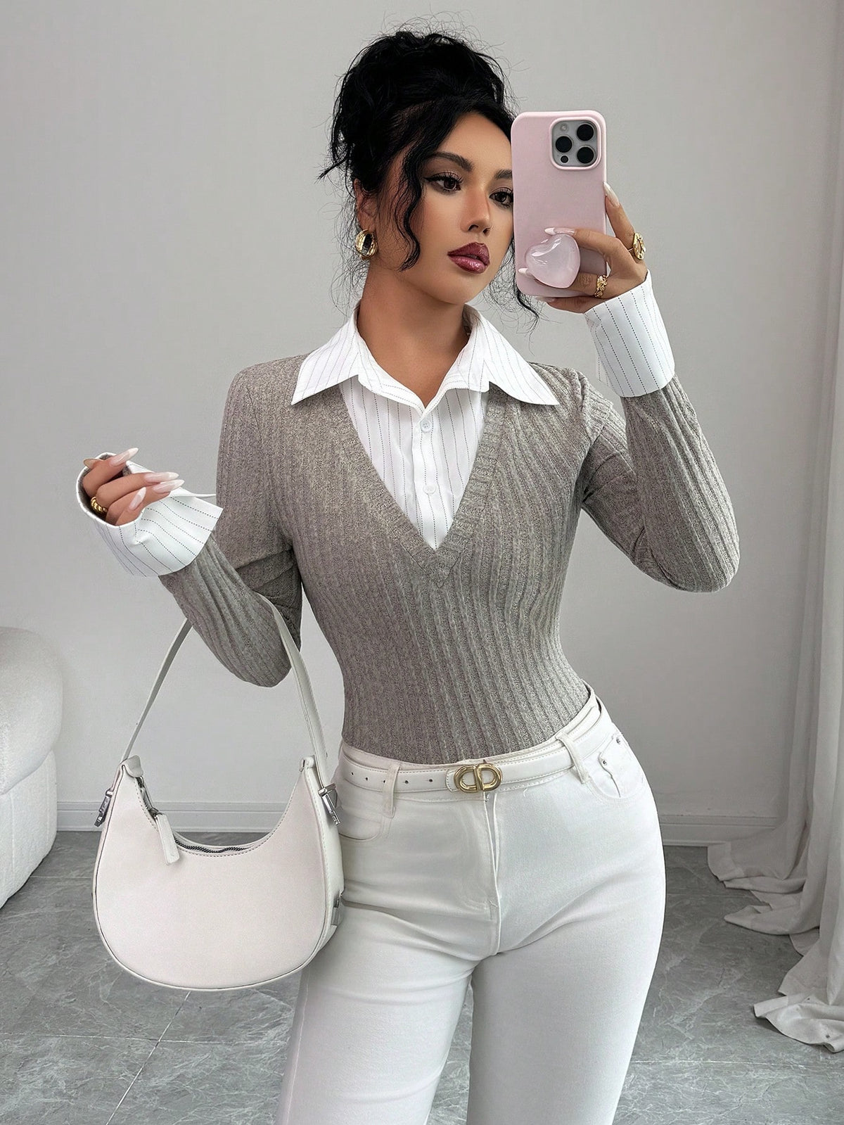 Rafferiza Women Elegant Classy Grey Striped Patchwork Collar T-Shirt,Slim-Fitting Retro Top For Fall Winter,Office,Back-To-School,Thanksgiving New Year's