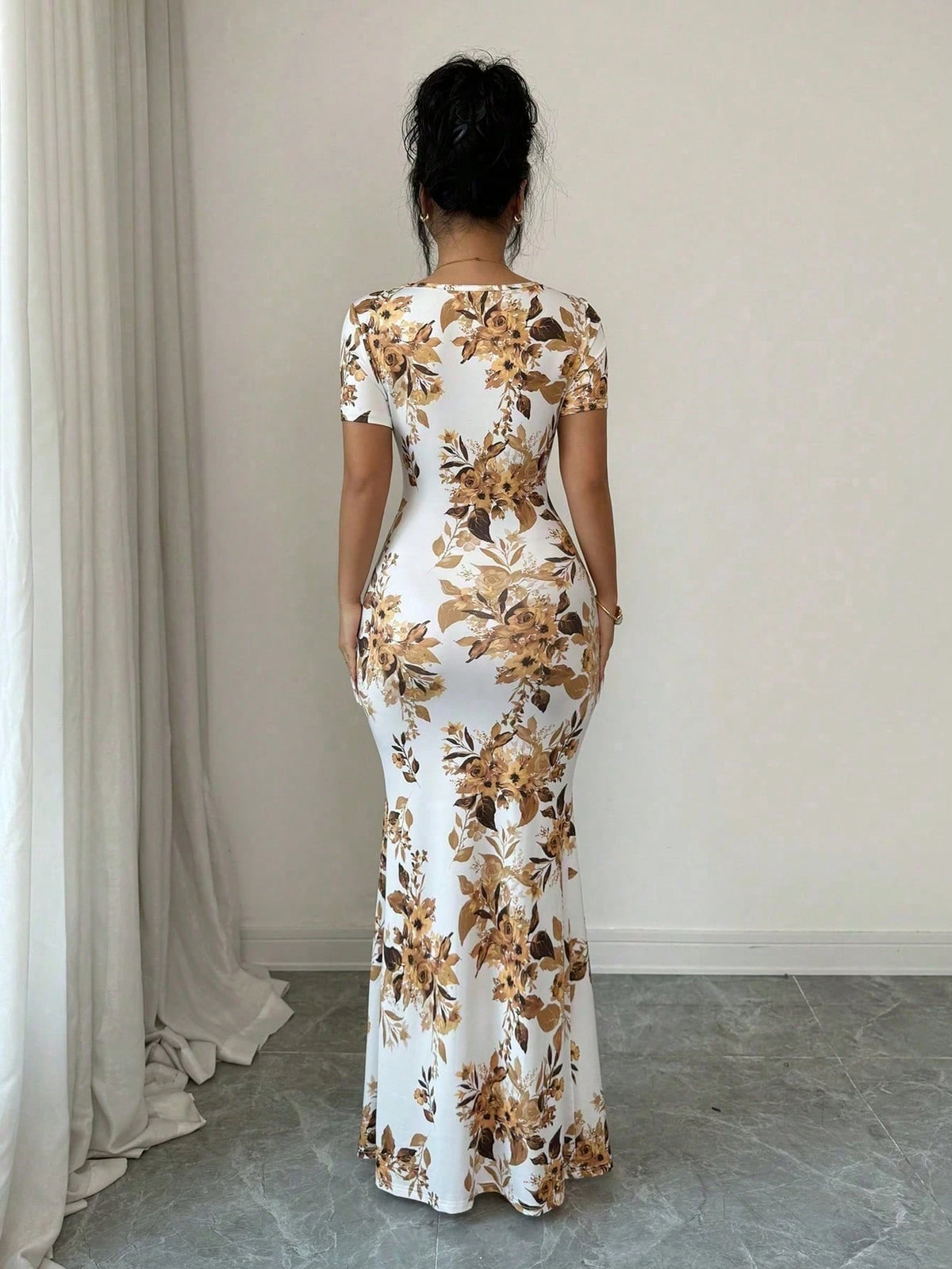 Rafferiza Women's Summer Short Sleeve Dress, Digital Printed Vacation Dress, Beach Holiday Dress With Slit Hem, Waist Ruched Long Dress
