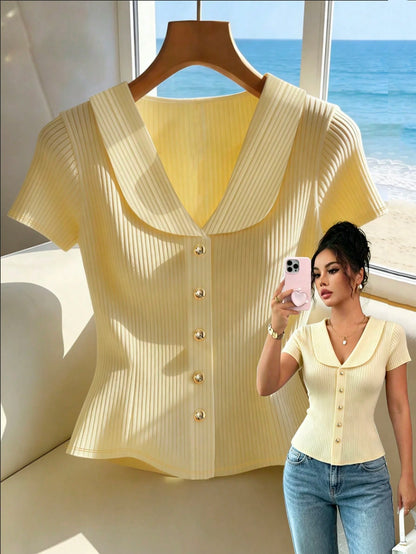 Raffinéa Women's V-Neck Pale Yellow Short Sleeve T-Shirt,Elegant Summer Holiday Tea Party Top,Casual Blouse,Office Commute,Vacation Festival Music Festival