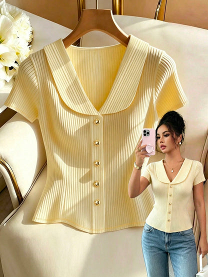 Raffinéa Women's V-Neck Pale Yellow Short Sleeve T-Shirt,Elegant Summer Holiday Tea Party Top,Casual Blouse,Office Commute,Vacation Festival Music Festival