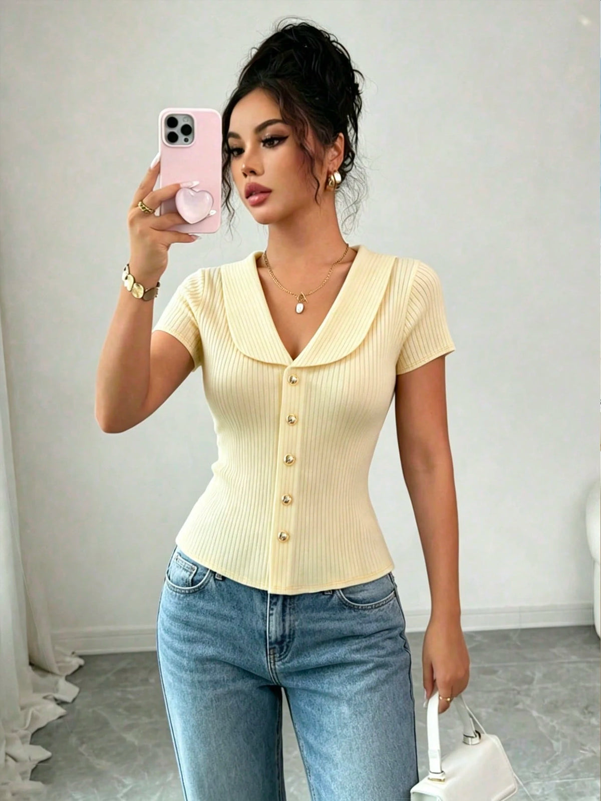 Raffinéa Women's V-Neck Pale Yellow Short Sleeve T-Shirt,Elegant Summer Holiday Tea Party Top,Casual Blouse,Office Commute,Vacation Festival Music Festival