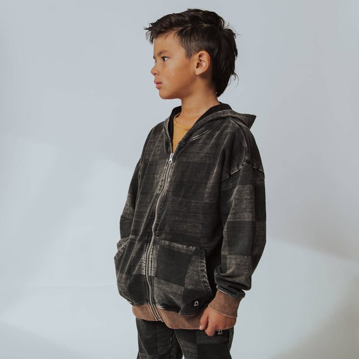 RAGS - Zip Up Hoodie - Washed Black Denim Check