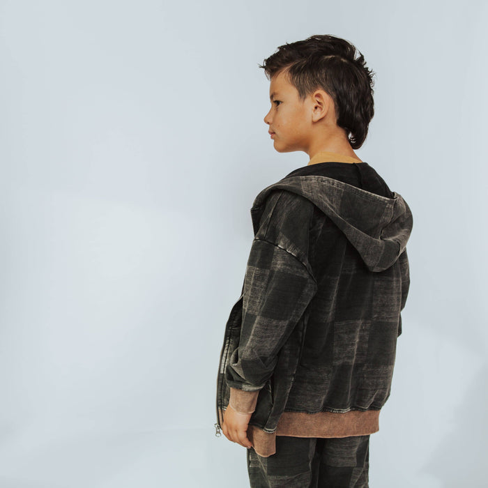 RAGS - Zip Up Hoodie - Washed Black Denim Check