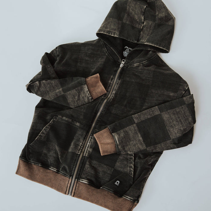 RAGS - Zip Up Hoodie - Washed Black Denim Check