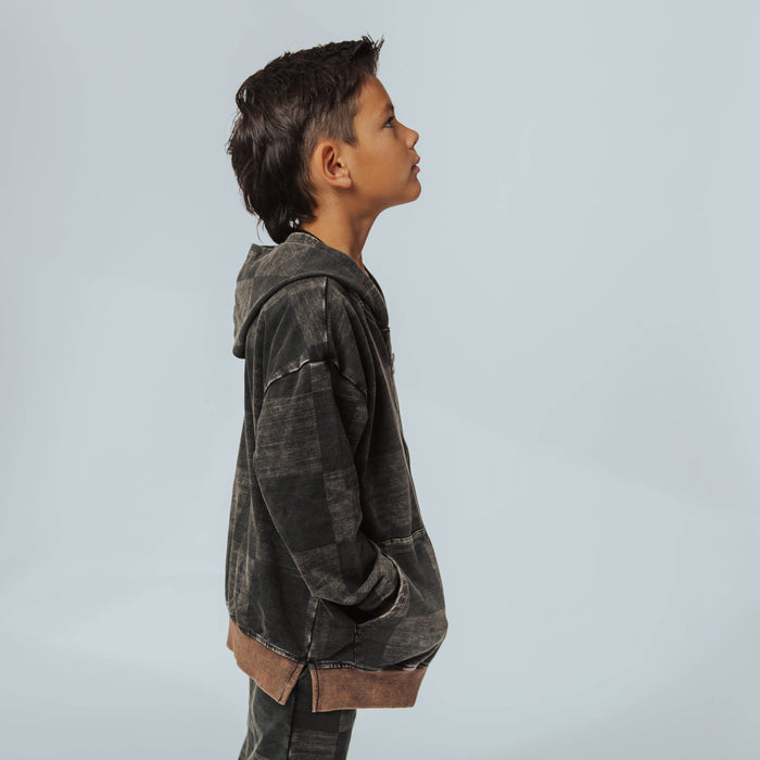 RAGS - Zip Up Hoodie - Washed Black Denim Check