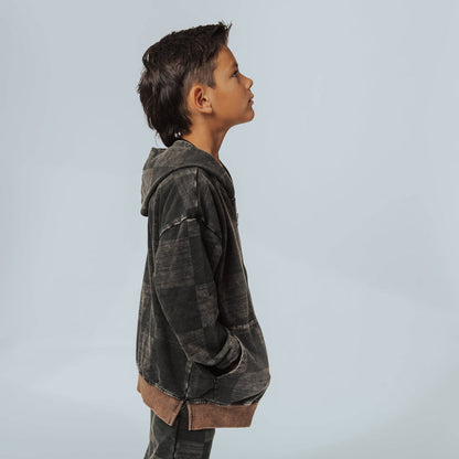 RAGS - Zip Up Hoodie - Washed Black Denim Check