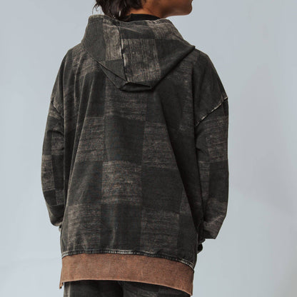 RAGS - Zip Up Hoodie - Washed Black Denim Check