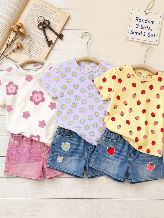 Random 3 Sets Send 1 Set Vintage Academy Cute Minimalist Floral Pattern, Baby Girl Casual Minimalist Short Sleeve Round Neck T-Shirt & Casual Shorts 2-Piece Set, Suitable For Spring/Summer Daily Wear