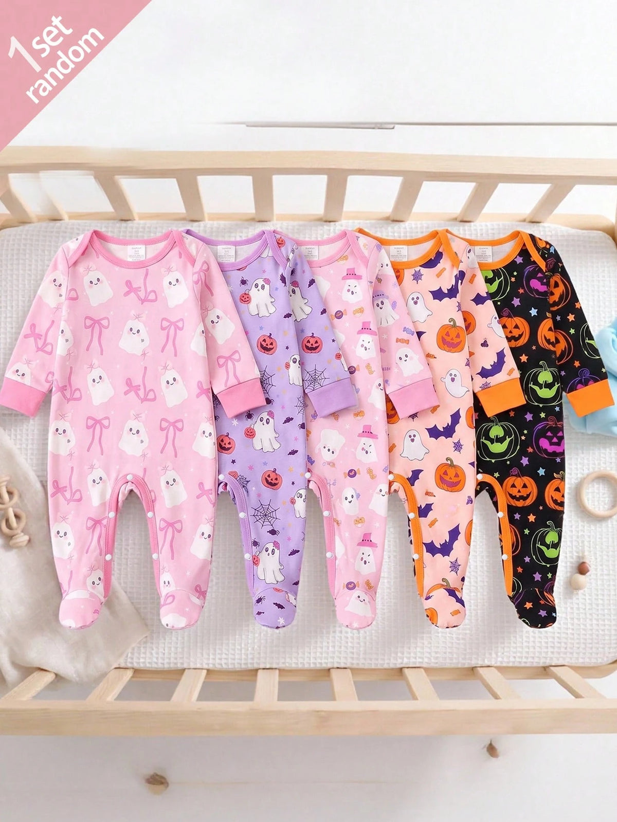 [Randomly Ships 1 Of 5]Spring/Autumn Newborn Halloween One-Piece Pajamas, Cute Ghost Bow Pumpkin Print Halloween Cartoon Ghost Pumpkin Baby Footed Romper