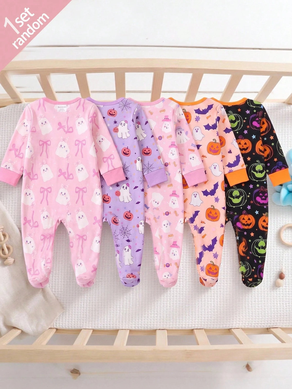 [Randomly Ships 1 Of 5]Spring/Autumn Newborn Halloween One-Piece Pajamas, Cute Ghost Bow Pumpkin Print Halloween Cartoon Ghost Pumpkin Baby Footed Romper