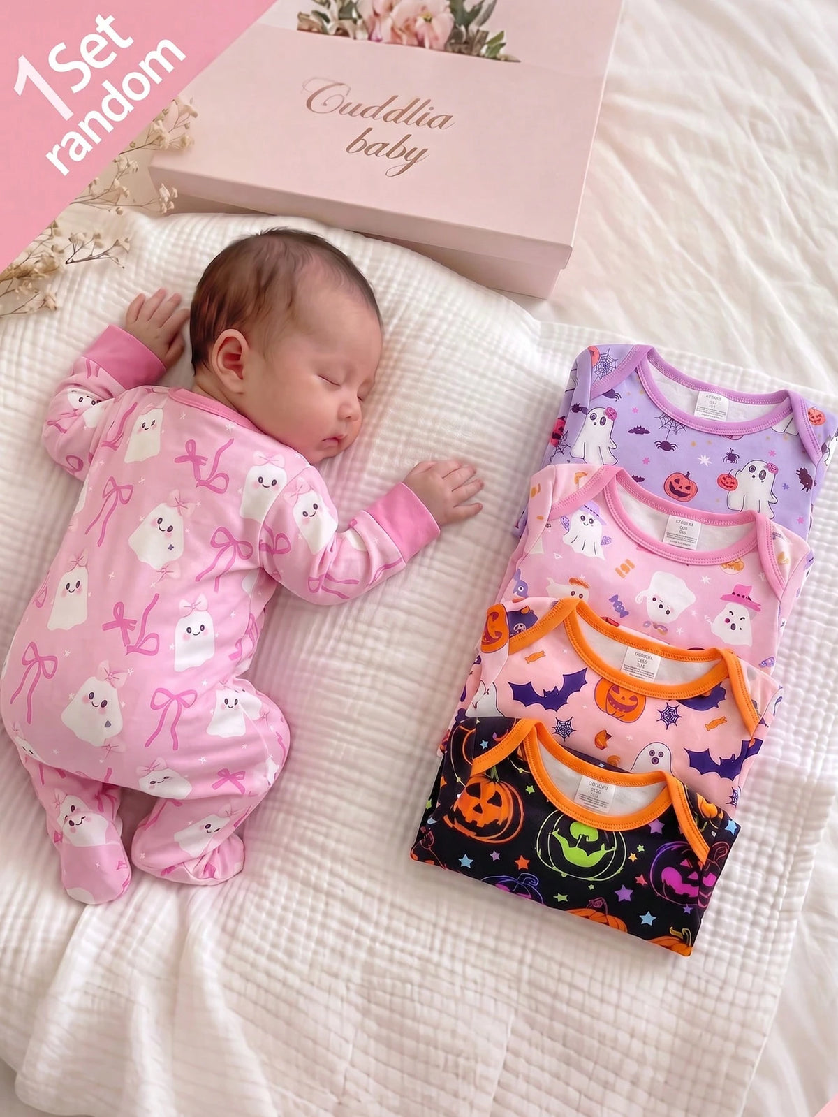 [Randomly Ships 1 Of 5]Spring/Autumn Newborn Halloween One-Piece Pajamas, Cute Ghost Bow Pumpkin Print Halloween Cartoon Ghost Pumpkin Baby Footed Romper