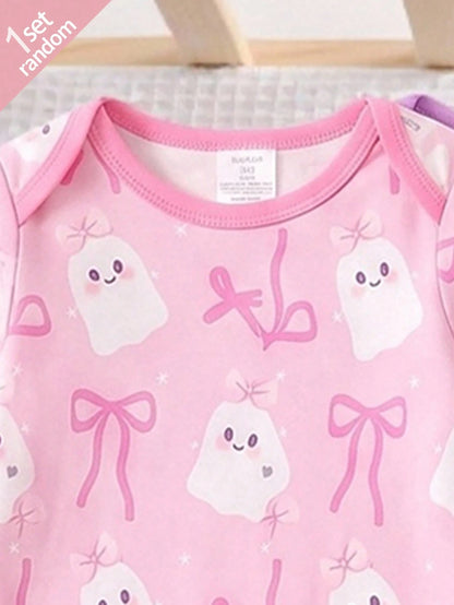 [Randomly Ships 1 Of 5]Spring/Autumn Newborn Halloween One-Piece Pajamas, Cute Ghost Bow Pumpkin Print Halloween Cartoon Ghost Pumpkin Baby Footed Romper
