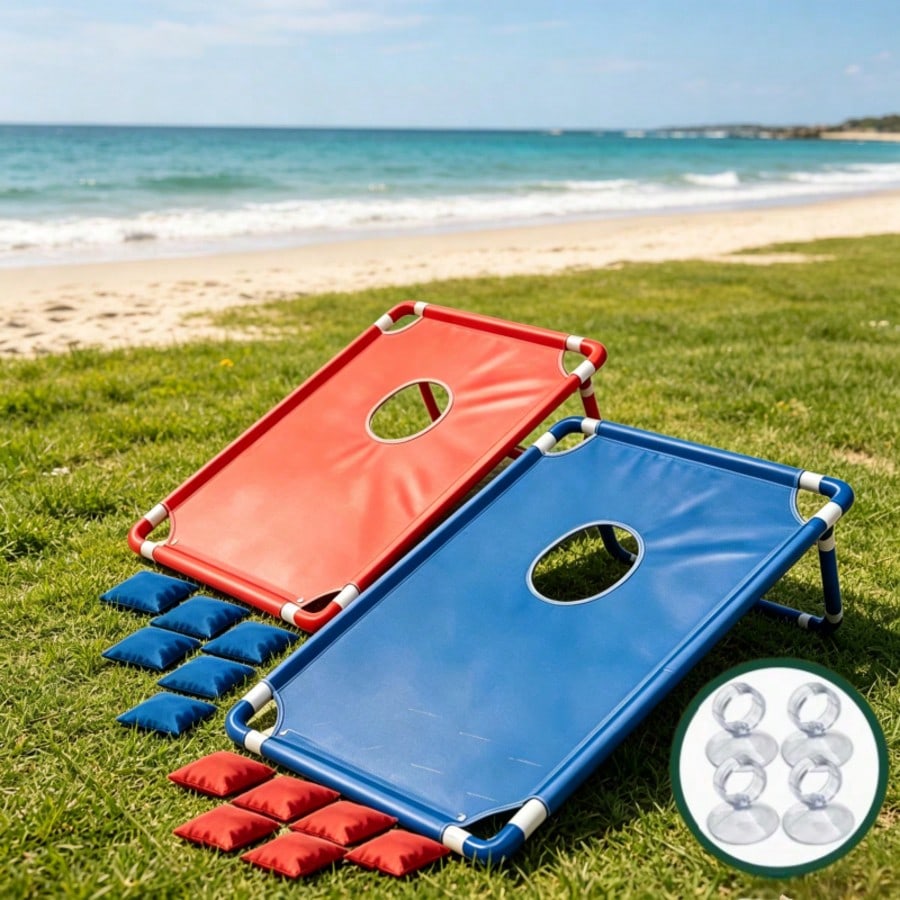 Red And Blue Portable Cornhole Game Set, Including 2 Game Boards + 12/16 Bean Bags + Gift Box. Multi-Packs Include Suction Cups. Ideal For Outdoor Activities, Beach Play, Family Trips, And Throwing Ga