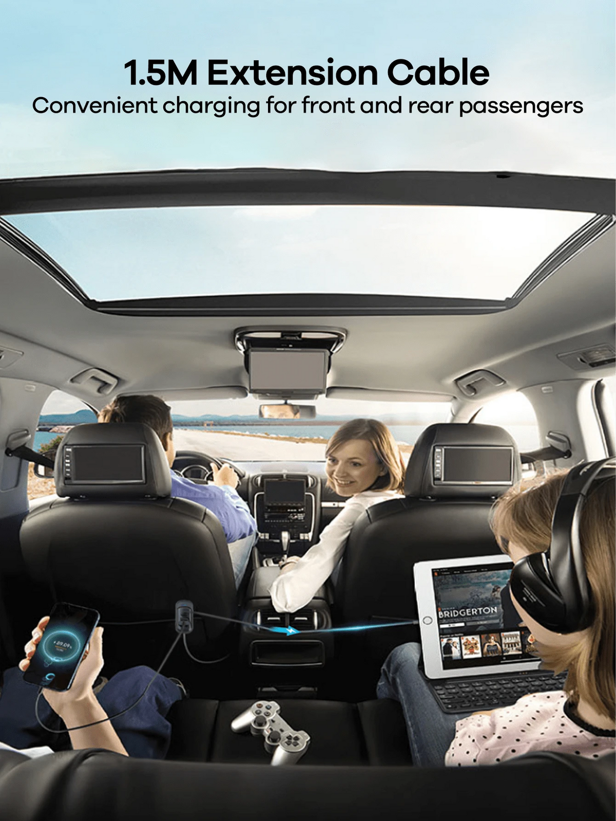 REMAX 120W 5-Port Car Charger With 1.5m Extension Cable, 2 USB-C & 3 USB-A Fast Charging Ports, Colorful Ambient Light, Shock-Resistant Design & Multiple Charging Protections, Type-C Charger, IPhone C