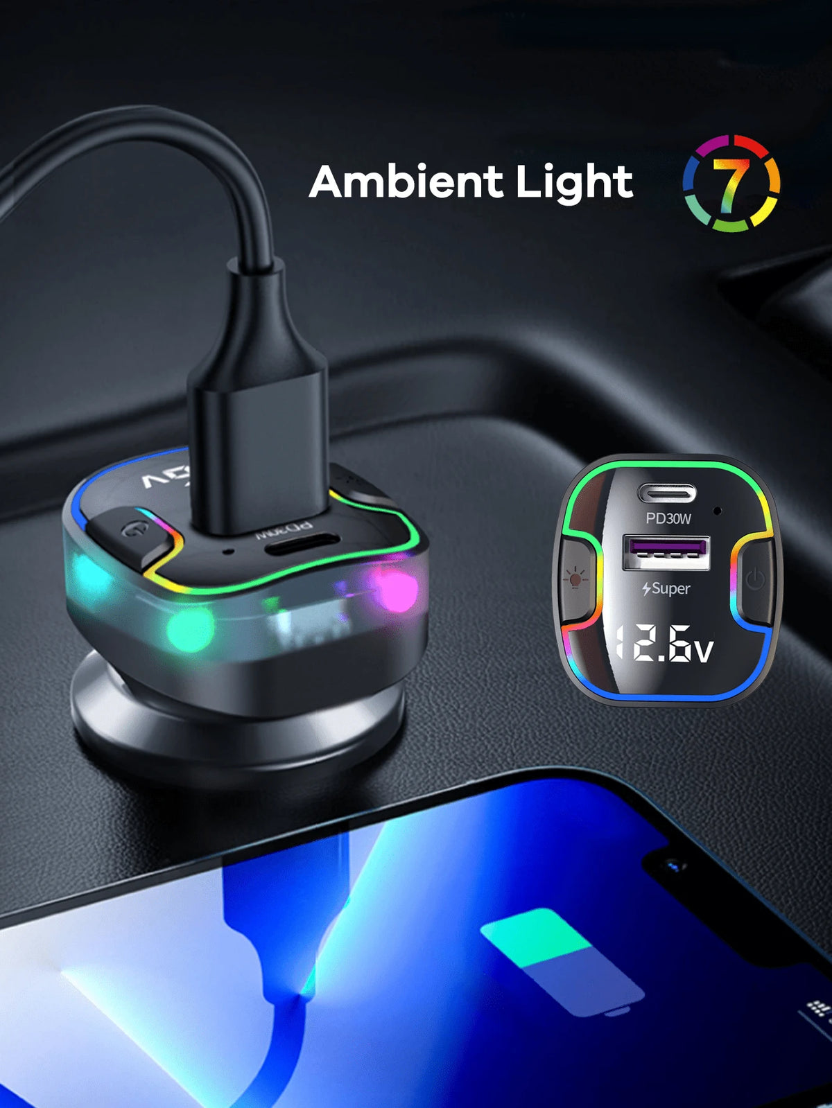 REMAX 120W 5-Port Car Charger With 1.5m Extension Cable, 2 USB-C & 3 USB-A Fast Charging Ports, Colorful Ambient Light, Shock-Resistant Design & Multiple Charging Protections, Type-C Charger, IPhone C