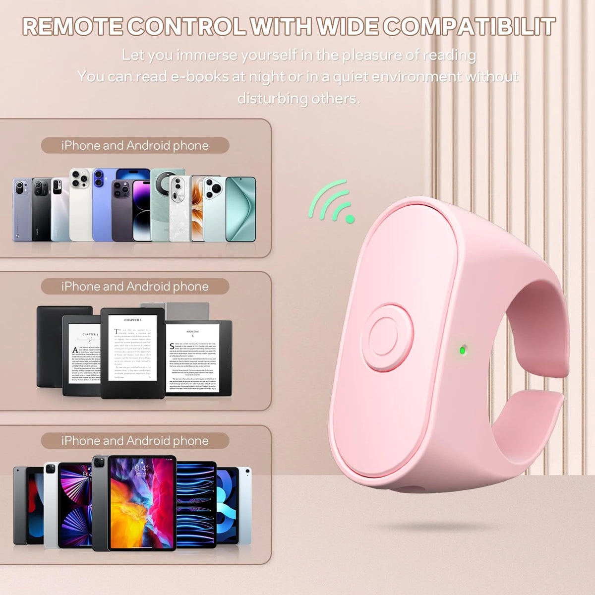Remote Page Turner Ring For Kindle Paperwhite/Scribe/Oasis, Wireless RF Remote Clicker, Compatible With IPhone, Android Tablets, E-Readers, Camera Shutter And Video Trigger