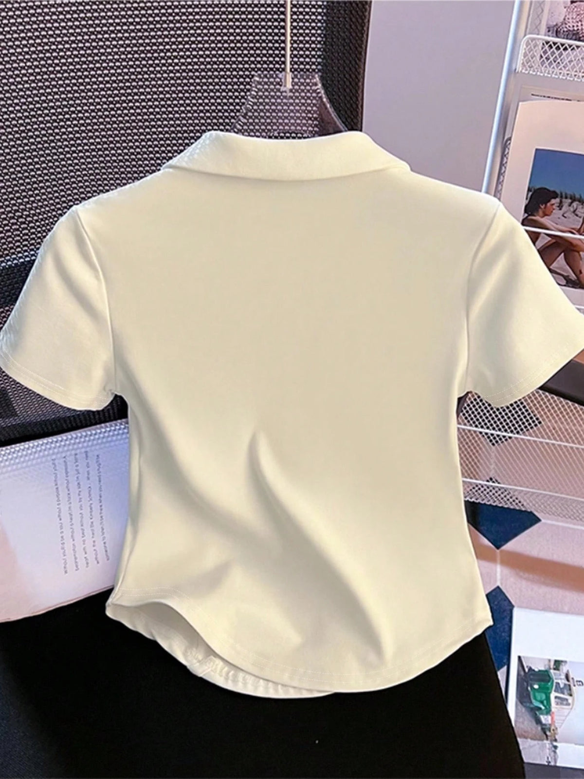Resyla White Polo Shirt Women Short Sleeve T-Shirt Summer Turndown Collar Fitted Cropped Fishbone Top