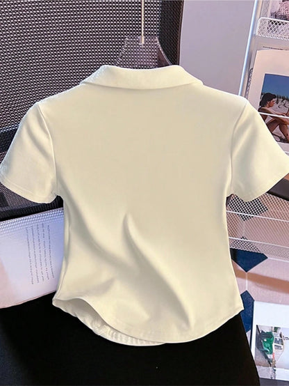 Resyla White Polo Shirt Women Short Sleeve T-Shirt Summer Turndown Collar Fitted Cropped Fishbone Top