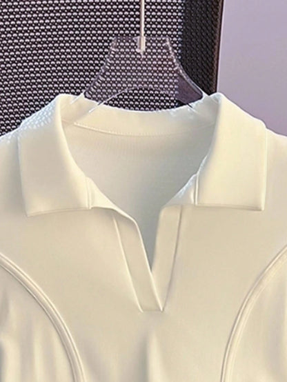 Resyla White Polo Shirt Women Short Sleeve T-Shirt Summer Turndown Collar Fitted Cropped Fishbone Top
