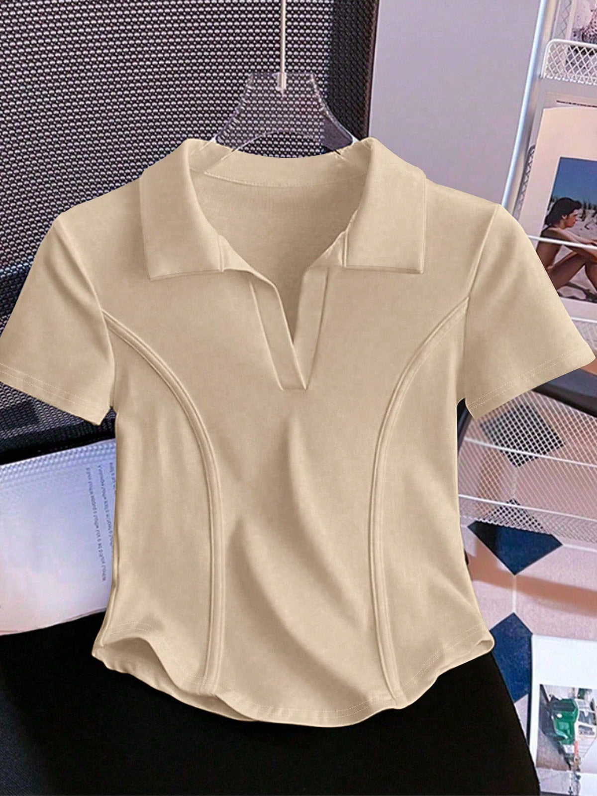 Resyla White Polo Shirt Women Short Sleeve T-Shirt Summer Turndown Collar Fitted Cropped Fishbone Top